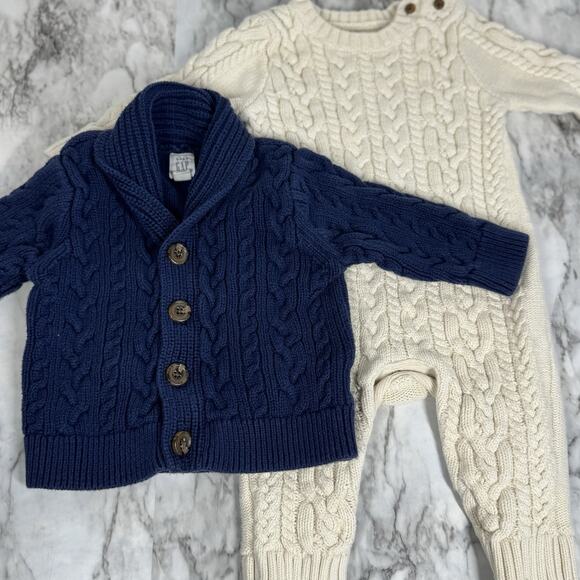Baby Gap Boy Cable Knit Sweater Romper & Shawl Collar Button Cardigan 6-12 mo - Picture 1 of 9